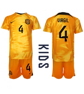 Lacne Dětský Futbalové dres Holandsko Virgil van Dijk #4 MS 2022 Krátky Rukáv - Domáci (+ trenírky)